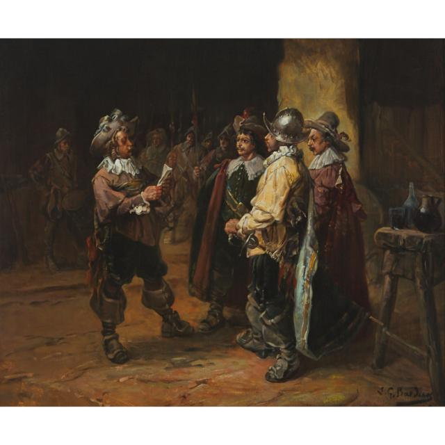 Titled: I Moschettieri Che Ascoltano La Notizia, circa 1887
(“Musketeers Hearing The News”)
Medium: Oil on canvas
Size: 29” x 36 1/4” (73.7 x 92.1cm)
Signed (lower right)