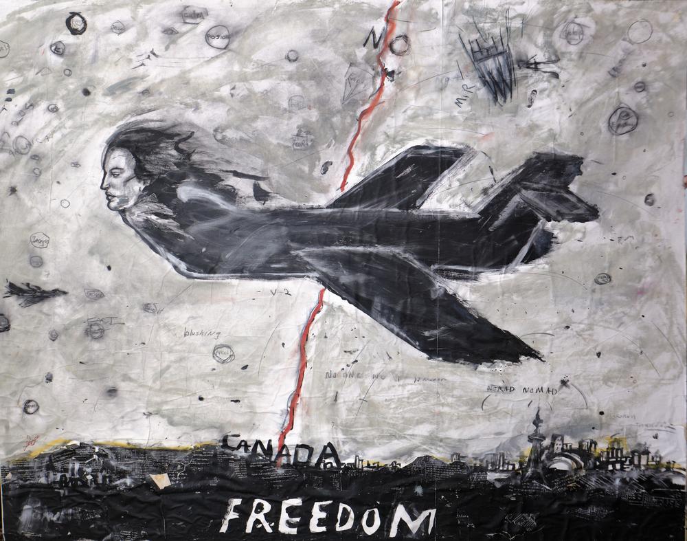Titled: No Freedom, circa 1995
Medium: mixed media on paper mounted to foam-core      
Size: 73 ½” x 58 ½” (73.7 x 55.9cm)
Signed (ll) also signed and titled verso